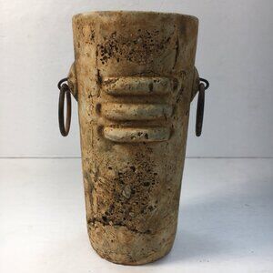 Rustic Stoneware 8" Tall Vase Metal Handles Textured Surface Home Decor
